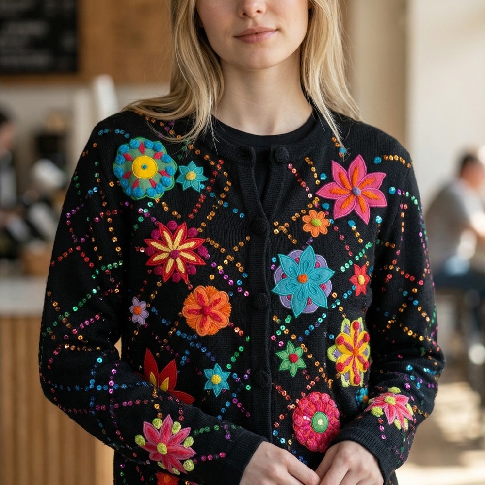 Vintage Berek Womens Med Floral Button Front Black Cardigan Sequins Embellished